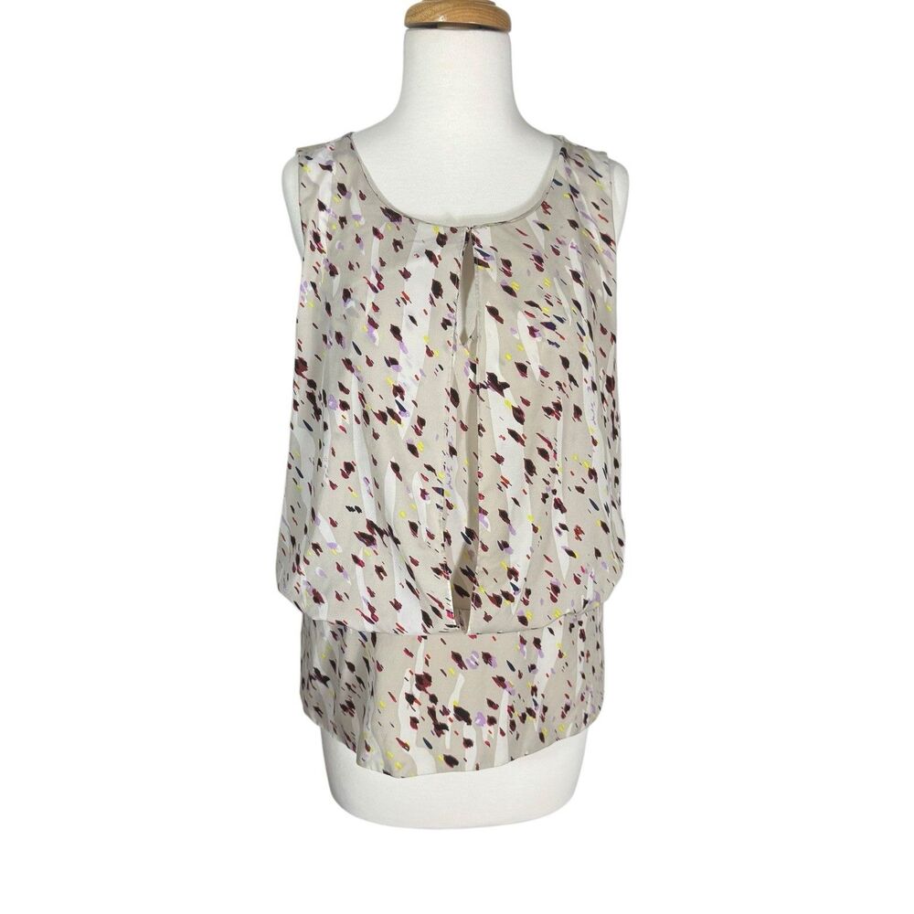 Ann Taylor Cream Split Front Abstract Dot Cinch Waist  Blouse Sleeveless Sz M